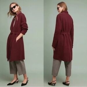 Anthropologie Moth Mayella Burgundy Red Wool Wrap Long Sweater Coat XS
